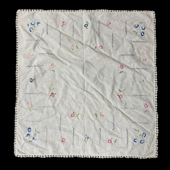 Handmade Embroidered Tablecloth Floral Crocheted Trim Cream Blue Pink Small - Picture 3 of 10